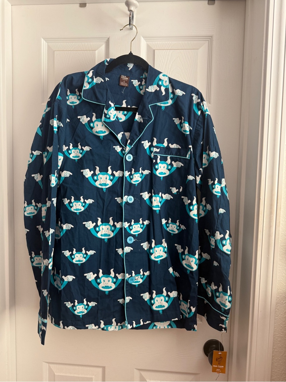 Men's Navy Blue Printed Button-Up Shirt - Playful Teal Monkey Print